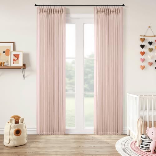COMON HOME Light Pink Linen Curtains Pinch Pleated 102 Inch Length 2 Panels for Nursery Baby Girls Bedroom Semi Sheer Light Filtering Pleated Linen Curtains for Living Room Bedroom Dusty Blush Pink
