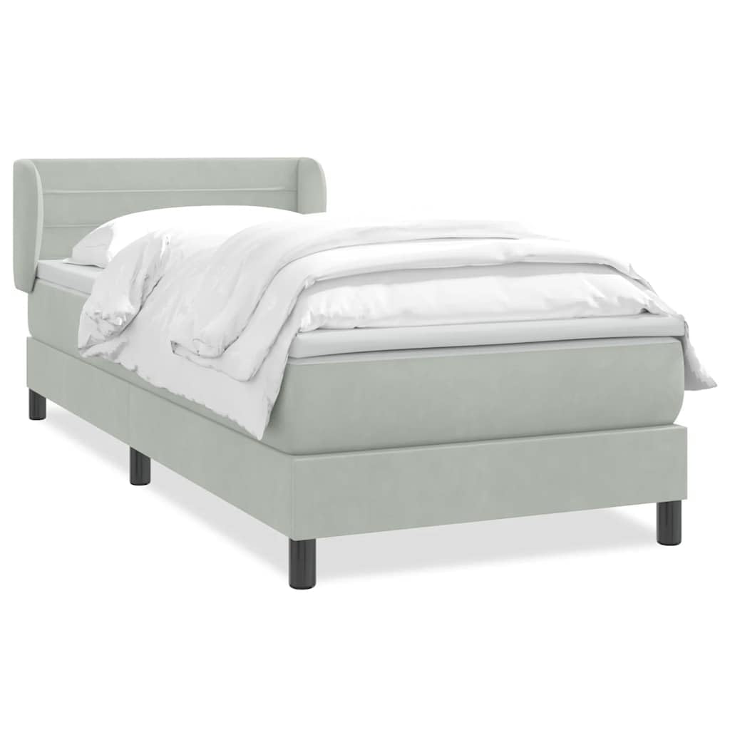 ACAGALA Letto a molle con materasso 80 x 210 cm, letto imbottito in velluto, letto singolo con testiera a strisce orizzontali, telaio del letto con rete a doghe, gamba di supporto rinforzata, grigio