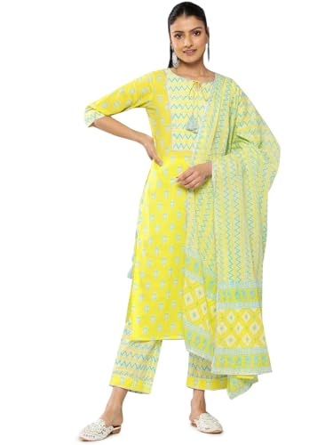 Image of Libas Yellow Yoke Design Cotton Straight Kurta with Trousers & Dupatta