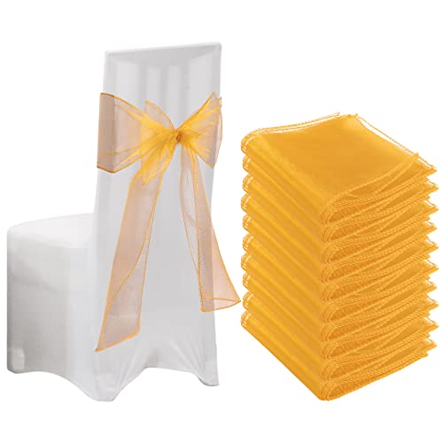 Lot de 10 nœuds de chaise en organza - 22 x 280 cm - Doré - Pour décoration de chaise de mariage et de fête