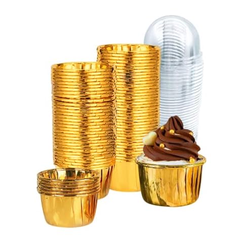 CURTEK 100 Pack Cupcake Liners with Lids 3.5 Oz Foil Baking Cups Disposable Mini Cupcake Liner Muffin Liners Cupcake Wrappers Holders for Party Wedding Birthday Valentine,Gold, LBMFB1G Cover
