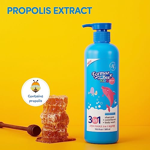 Image of Kids 3in1, Tear Free, Paraben Free, Hypoallergenic Shampoo+Conditioner+Body wash with Propolis, Peach Scented, 16.9 fl.oz, 500ml (Pack of 3) (Peach)