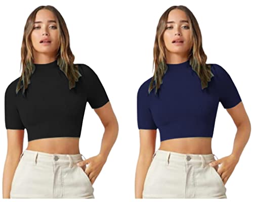 Image of Dream Beauty Fashion Women's Combo Casual High Neck Short Sleeves Stylish Crop Top - Pack of 2-17 inch inches