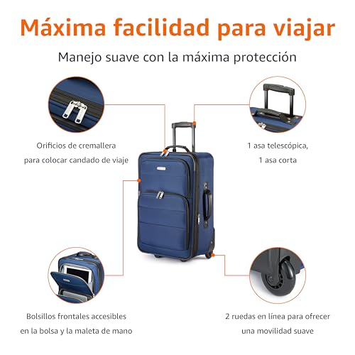 Infografía que muestra las características de la maleta y la bolsa de mano, como orificios de cremallera, asa telescópica y ruedas suaves