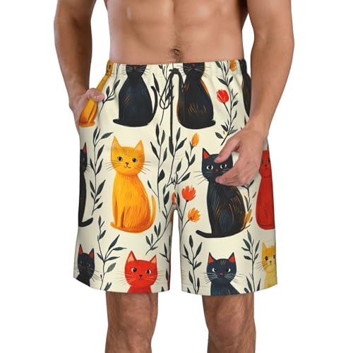Mens Swim Trunks Board Shorts Quick Dry Shorts with Pockets - Cartoon Cat Patterns Vintage