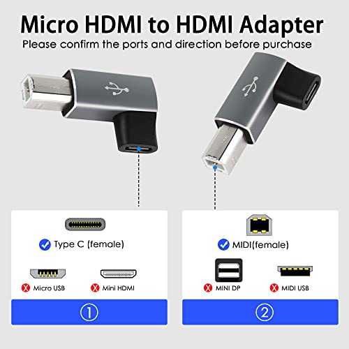 Qianrenon 90 Degree Usb C To Midi Adapter Type C Female To Usb B Male Printer Right Angle Adapter Converter, For Printer Midi Electric Piano Electronic Drum, 2Pcs, Gray #TOP4