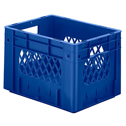 Contenitori Euro per carichi pesanti, in polipropilene, capacità 23,3 l, lungh. x largh. x alt. 400 x 300 x 270 mm, pareti forate, fondo chiuso, blu, conf. da 4 pz..