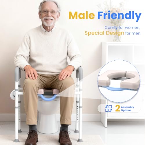 Image of Male-Friendly Width & Height Adjustable Raised Toilet Seat With handles | Toilet Riser for Elderly, Handicap, Elevated, Fit Any Toilet, 400lbs