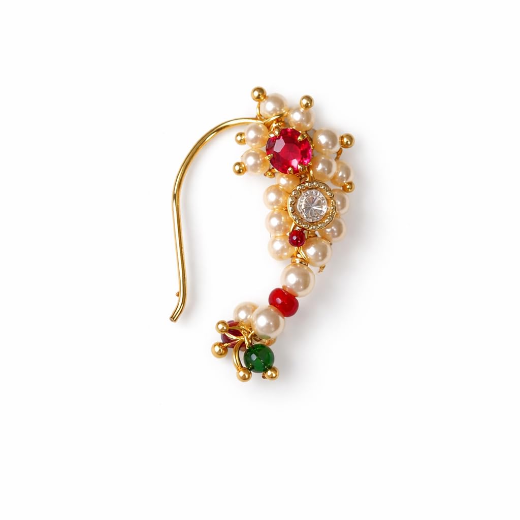 Plus Jewellery trendy golden finish shimmering pearl/Moti and Pink white stone stud Maharashtrian Nath/Nathiya/Banu Nath/Non-Pierced/for women and girls.-image-34