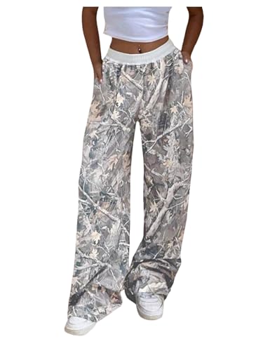 SOLY HUX Women's Camo Pants Elastic Waist Baggy Wide Leg Y2k Sweatpants with Pockets