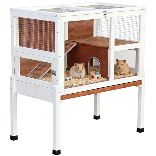 2-Story Guinea Pig Cage with Stand Indoor Wooden Hamster Cage with Ramp Pull-Out Tray Hideout & Platform Acrylic Transparent Small Animal Habitat for Chinchillas Ferrets Hedgehogs Walnut