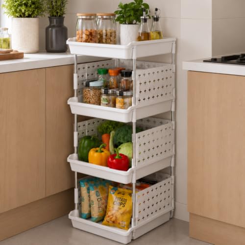 Image of JD Fresh 4 Tier Plastic Storage Drawer Organizer /Stackable Kitchen Organiser Rack /Breathable Design Shelf Storage Stand /Multipurpose Storage Rack for Kitchen, Office, kids room and Pantry (White)