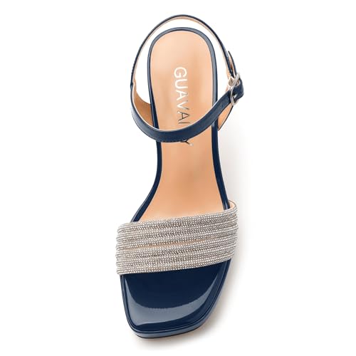 Women's Square Toe Heeled Sandals - Chunky Platform with Rhinestone Strap, Solid Color Ankle Strap Sandals for Work, Parties & Daily Wear3