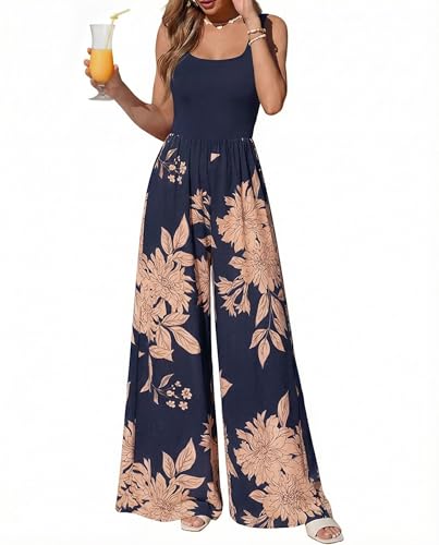 KIRUNDO Jumpsuits for Women Dressy 2026 Summer One Piece Sleeveless Boho Floral Wide Leg Romper Beach Vacation Cruise Outfits(Navy Blue, Small)