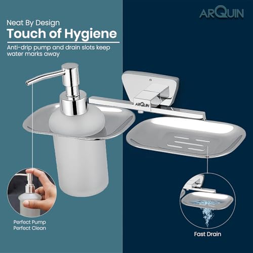 Image of Arquin 304 Stainless Steel Soap Dish with Dispenser Soap Box for Handwash Shampoo & Sanitizer Liquid Dispenser, Corrosion-Resistant & Wall-Mountable Bathroom Accessories Chrome Finish (Aquarius)