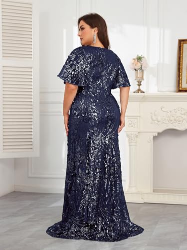 Image of Plus Size Glamous Short Sleeves Womens Sequin Dress Formal Gowns Evening Glitter Mermaid Prom Dress