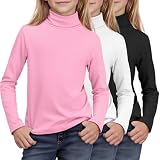 LessonZoo 3 Pack Girls Turtleneck Long Sleeve Pullover T-Shirt Soft Warm Stretch Kids Basic Turtle Neck Tops for Girls(Pink, White, Black,7-8 Years)