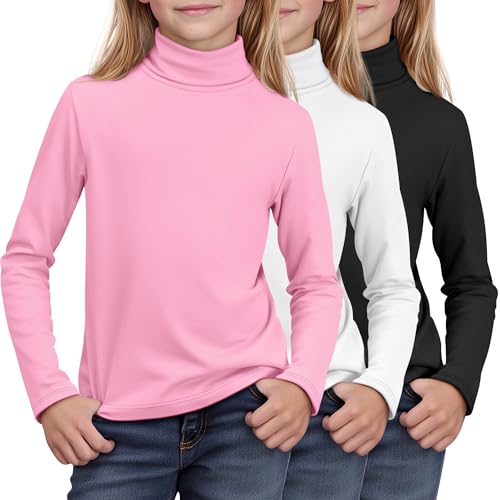 LessonZoo 3 Pack Girls Turtleneck Long Sleeve Pullover T-Shirt Soft Warm Stretch Kids Basic Turtle Neck Tops for Girls(Pink, White, Black,7-8 Years)