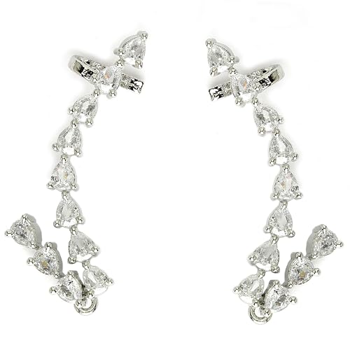 Image of ZENEME Rhodium-Plated Silver toned Brass White Floral Vine Ear Cuff Earrings for Women & Girls Crystal Ear Climber Contemporary Jewellery