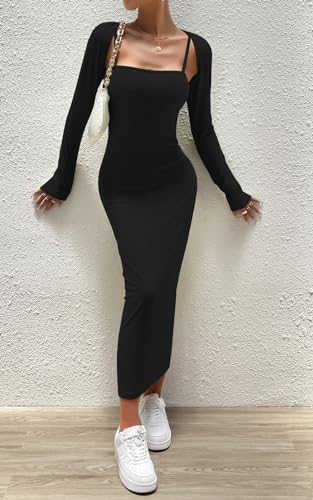 Women's Spring Fall 2 Piece Outfits Slip Bodycon Maxi Dress and Long Sleeve Cropped Cardigan Knit Matching Sets2