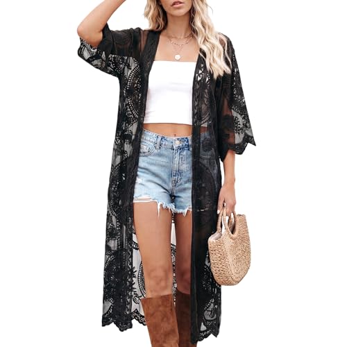 Funnysoft Kimonos for Women Lace Cardigan Swimsuit Cover up Summer Kimono Cardigan Open Front Sheer Long Boho Coverup(Black 1 Pack)