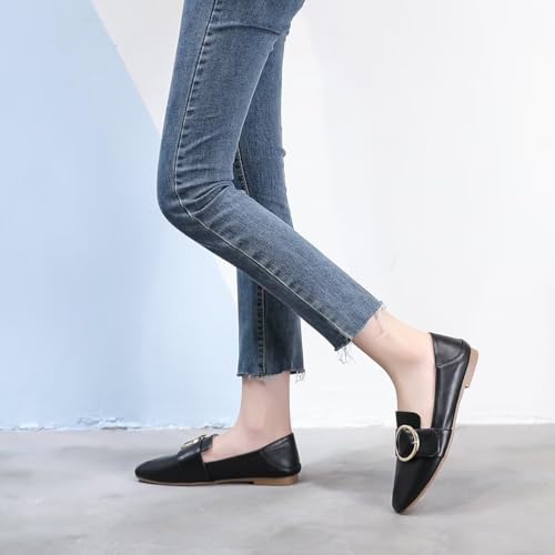 ChaiRong Zhou Women Square Toe Pu Leather Metal Ring Decoration Flats Slip on Casual Dress Office Driving Shoes4