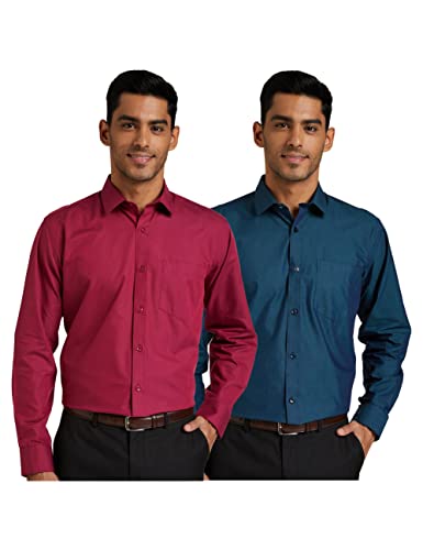 Image of Men's Solid Cotton Blend Formal Shirt with Pocket | Plain Design with Spread Collar & Full Sleeves - Regular Fit (Pack of 2)