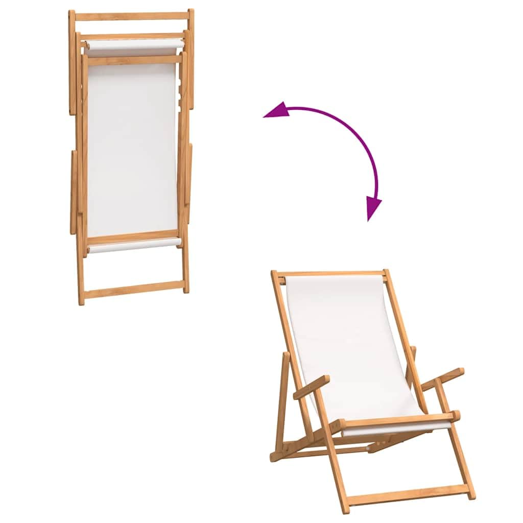 Générique Krzesło składane z litego drewna Teak Cream | Wygodne siedzisko z tkaniny, regulowane oparcie, łatwe składanie, ogród plaża kemping, 110 kg