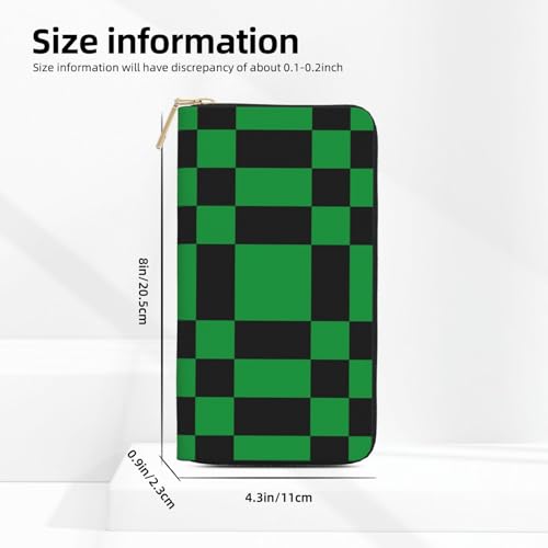 Leather Thin Slim Wallets for Women Men - Fashion Black Green Checkered Print Card Wallet Holder with Zipper2
