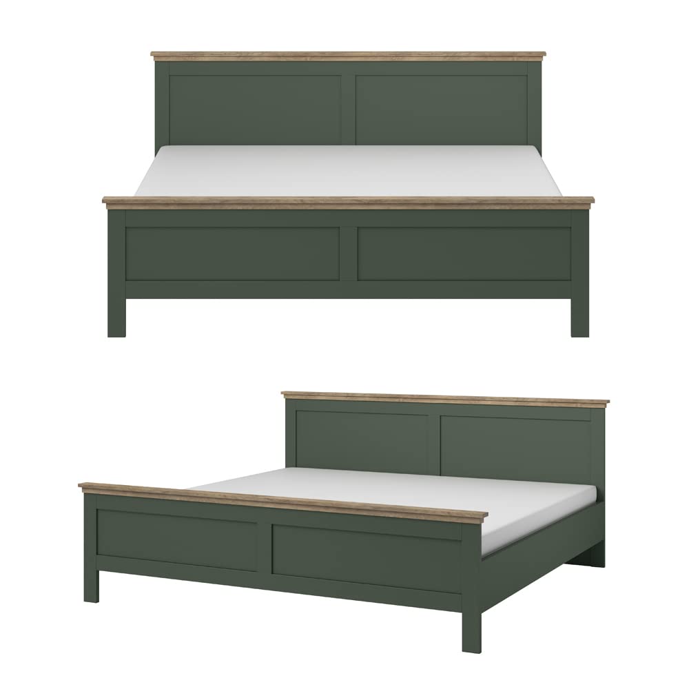 Lomadox Schlafzimmer Komplett Set Landhaus grün Eiche Doppelbett Bettgestell Liegefläche 180 x 200 cm Kleiderschrank Spiegeltüren Nachttisch Nachtschrank