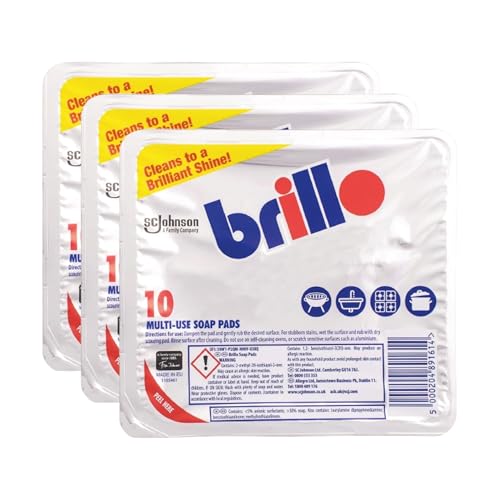 Brilllo Multi-Use Soap Pads 10pcs (Pack of 3) | Heavy-Duty Scrubbing | Pre-Loaded with Soap | Ideal for Tough Grease and Grime | Multi-Surface Cleaning | Rust & Stain Removal for Kitchens & Outdoors