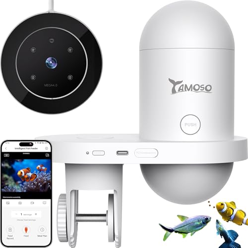 YAMOSO Mangiatoia Automatica WiFi Smart, Camera 2.5K, App 2.4/5G, Dosaggio 0,2g Cura Vacanze, Serbatoio 230ML Anti-Appannamento, Timer, Notifiche, Acquario Marino, Acqua Dolce e Tartarughe