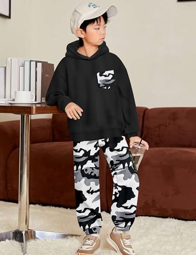 Image of KANGKANG Boys Clothes Two Piece Long Sleeve Hooded Sweatshirt Top Camouflage Sweatpants Fall Outfits Winter Clothes Set 6-16Y