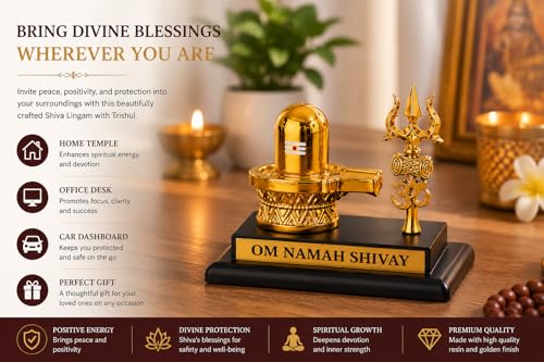 Image of Shivling with Trishul Gold Plated Idol for Car Dashboard, Home Decor & Office Desk | Om Namah Shivay Shiva Lingam Murti | Spiritual Gift Item for Pooja & Housewarming