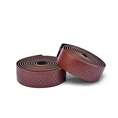 Weanas Bike Handlebar Tape PU Leather Road Bicycle Handlebar Grip Wraps Bar Tapes with Bar End Plugs - 2PCS Per Set, Brown