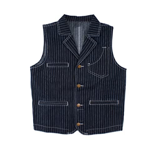 Men Winter Fall Striped Denim Vest Casual Suit Collar Multi Pocket Patchwork Waistcoats