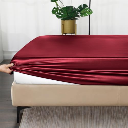 Image of Ersmak Silk Satin Fitted Sheet, Soft Deep Pocket Bottom Luxury Full Fitted Sheet, Wrinkle Free, Breathable, Fade Resistant - Burgundy