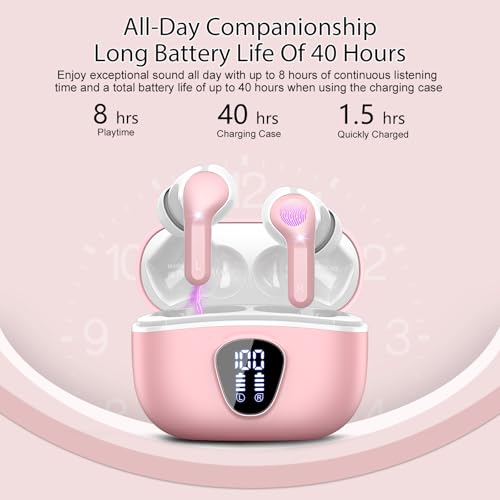Image of Wireless Earbuds, Bluetooth 5.4 Headphones HiFi Stereo, Bluetooth Earbuds with ENC Noise Cancelling Mic, IP7 Waterproof in Ear Earphones, 48H, LED Display Ear Buds for Pad Phones Workout Sports, Pink