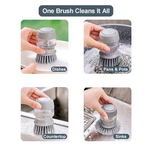 Image of Dish Brush with Soap Dispenser, Kitchen Dish Scrubber Brush for Dish Pot Pan Sink Cleaning, with Holder Drip Tray Replacement Head