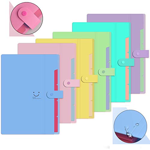 Dproptel 6 Pack Plastic Expanding File Folder A4 Letter Size Accordion Document Organizer,5-Pockets, Snap Closure,School and Office Use (6 Pack 6 Colors)
