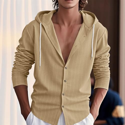 Mens Striped Cotton Linen Shirt Button Down Lightweight T-Shirts with Hood Casual Loose Business Summer Beach Wedding2