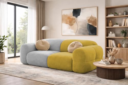 Image of Casaliving Vetras Modern Velvet Bubble Cloud Sofa, Tufted Design Upholstered 2 Seater Sofa Set for Living Room, (Yellow Grey Colour) Premium Velvet Fabric Sofa