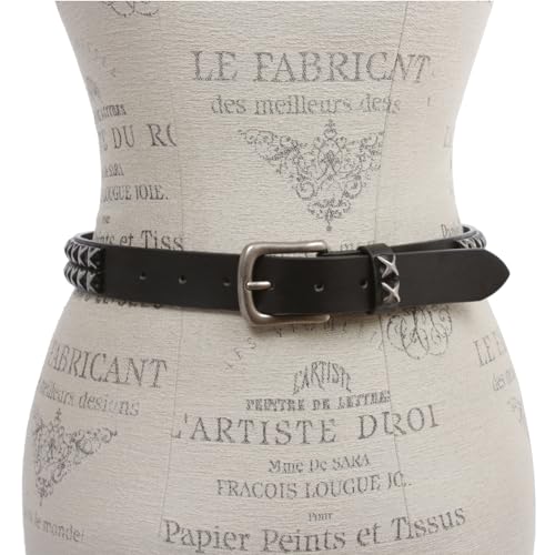 Snap On Two Row Punk Rock Star Distressed Black Studded Leather Belt3