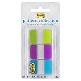Post-it Pattern Collection, Durable Tabs, 1 in. x 1.5 in, Violet, Lime, Aqua, 12 Tabs of Each Color, 36 Tabs/Pack, (686-LVAT)
