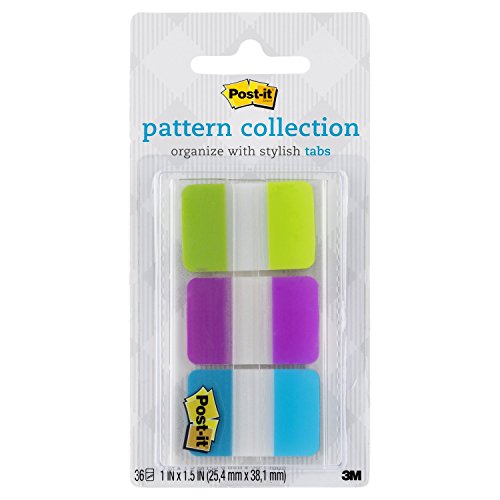 Post-it Pattern Collection, Durable Tabs, 1 in. x 1.5 in., Violet, Lime, Aqua, 12 Tabs of Each Color, 36 Tabs/Pack, (686-LVAT)