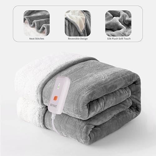 GOTCOZY Heated Throw Blanket, 50''X60'' - Soft Silky Plush Electric Blanket with 4 Heating Levels & 3 Hour Auto Off, ETL Certified, Machine Washable (Grey)