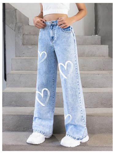GORGLITTER Girl's Cute Heart Print Wide Leg Jeans Zipper Baggy Denim Pants with Pockets for Teen2