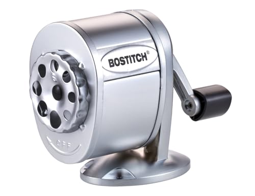 Bostitch Office Wall Mount Manual Pencil Sharpener, Tip Saver, 8 Hole Dial, 6X Longer Cutter Life, Vertical or Horizontal Mounting, Silver
