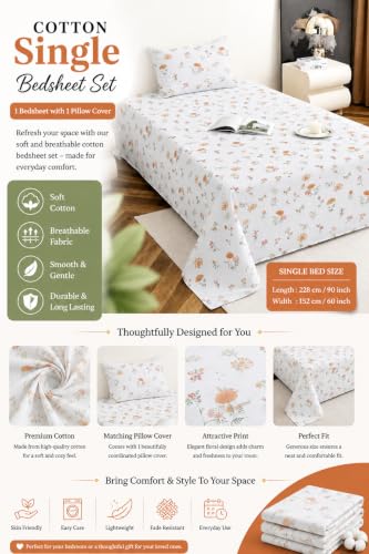 Image of IVAZA 220 TC Soft Ezyption Cotton Floral Single Bed Sheet - Single bedsheet with 1 Pillow Cover Hypoallergenic, Brethable, (Size- 90 x 60 Inch White Rust