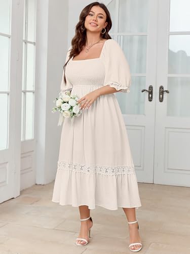 Image of SCOMCHIC Women's Plus Size Boho Maxi Dress Short Sleeve Square Neck Smocked Flowy A-Line Lace Trim Wedding Guest Dresses